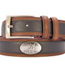 Alabama Crimson Tide Men's Collegiate Two Tone Leather Belt. Black With Brown Trim Full Grain Finish. Metal Emblem Conchos. Bama Gifts