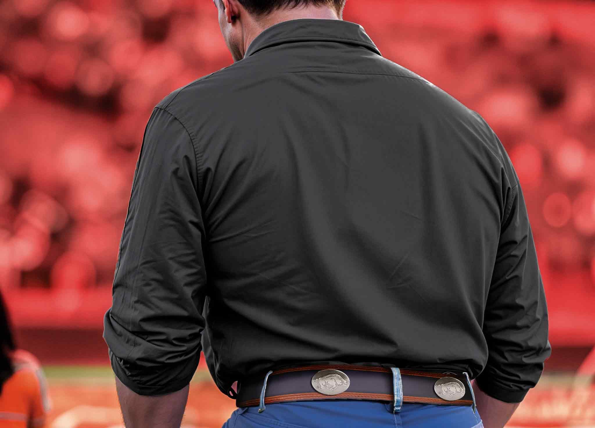 Arkansas Razorbacks Men's Collegiate Two Tone Leather Belt. Black With Brown Trim Full Grain Finish. Metal Emblem Conchos. Arkansas Gifts