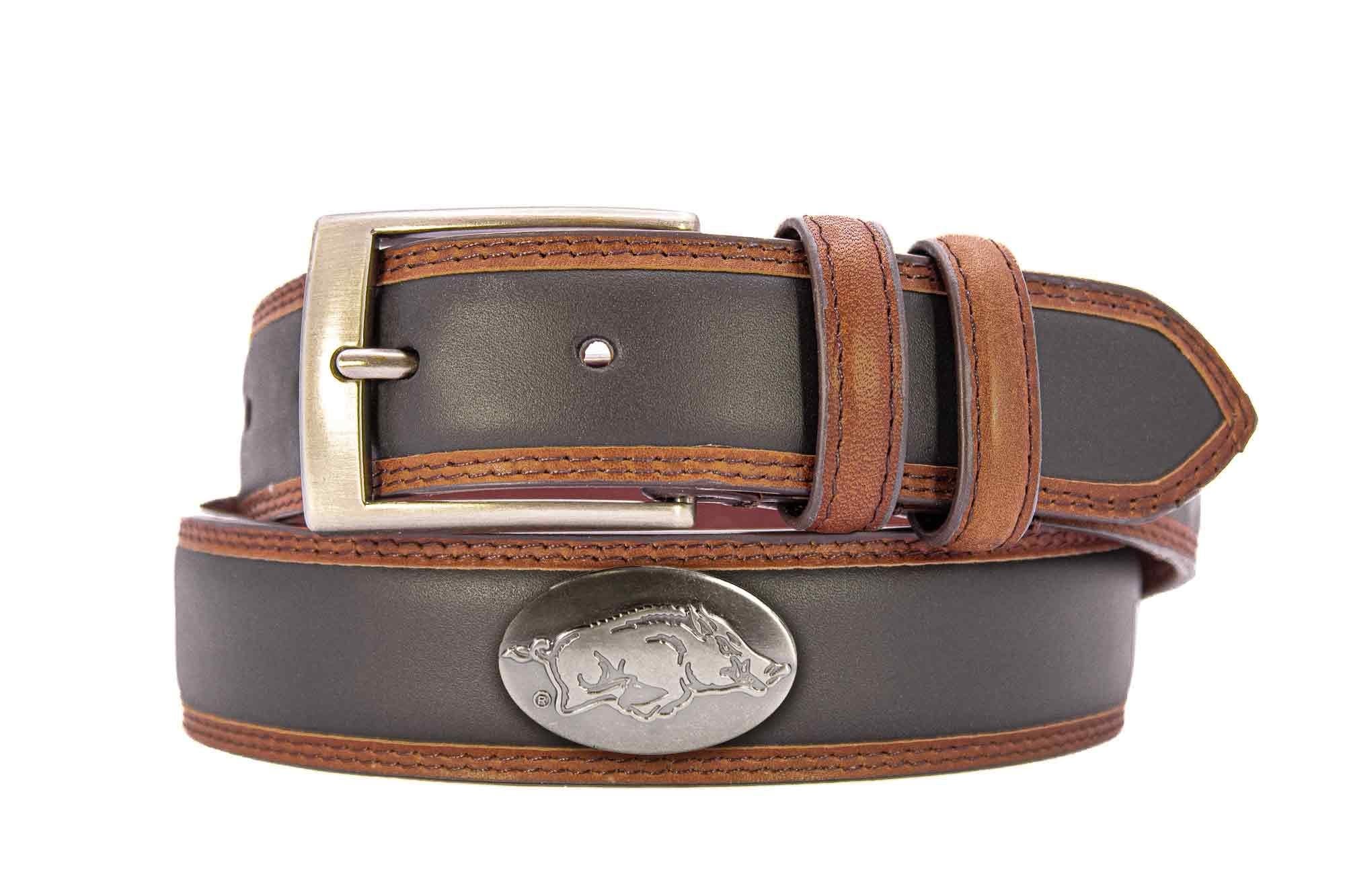 Arkansas Razorbacks Men's Collegiate Two Tone Leather Belt. Black With Brown Trim Full Grain Finish. Metal Emblem Conchos. Arkansas Gifts