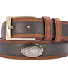 Arkansas Razorbacks Men's Collegiate Two Tone Leather Belt. Black With Brown Trim Full Grain Finish. Metal Emblem Conchos. Arkansas Gifts