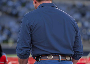 Auburn Tigers Men's Collegiate Two Tone Leather Belt. Black With Brown Trim Full Grain Finish. Metal Emblem Conchos. Auburn Gifts