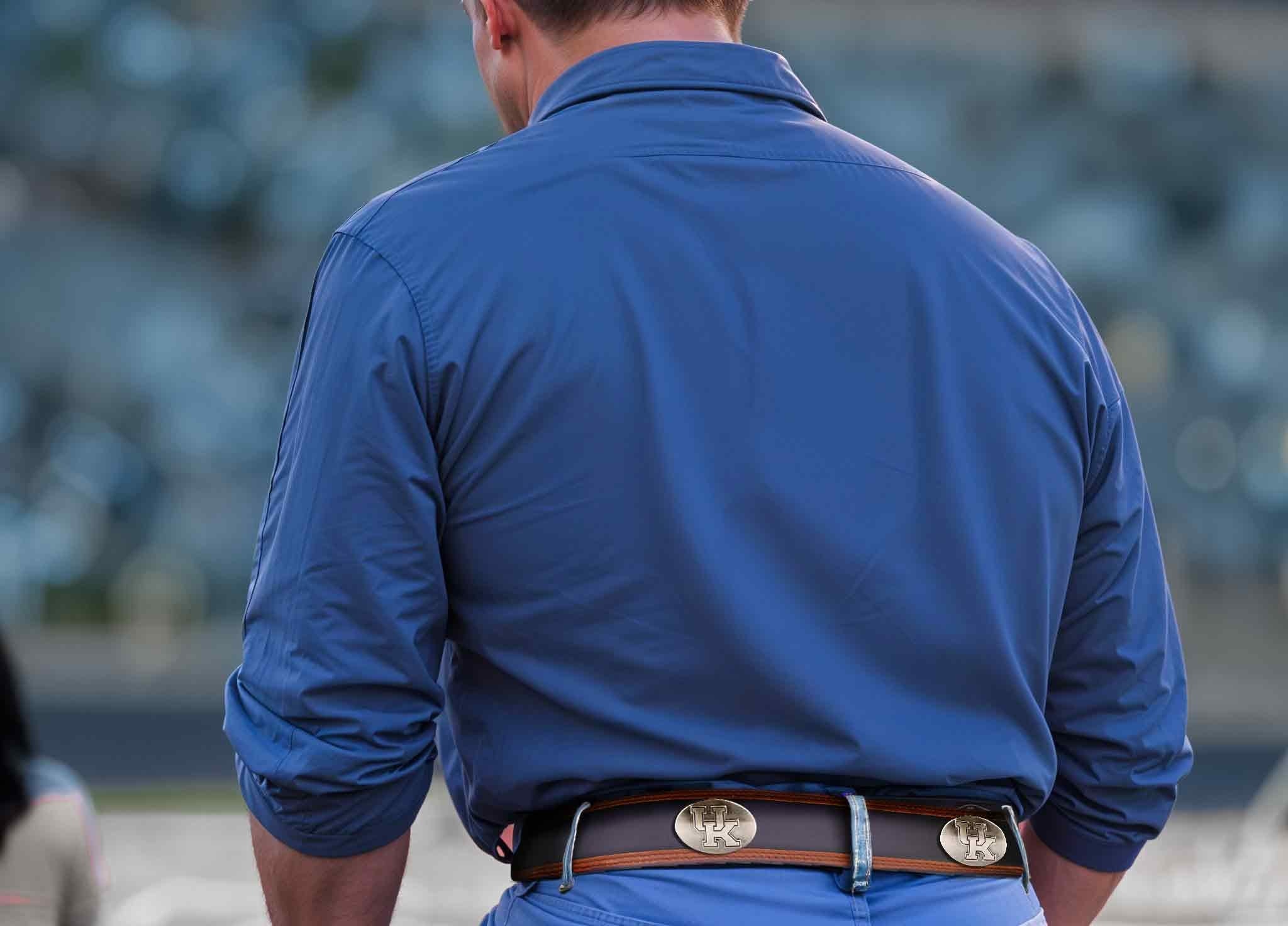 Kentucky Wildcats Men's Collegiate Two Tone Leather Belt. Black With Brown Trim Full Grain Finish. Metal Emblem Conchos. Kentucky Gifts