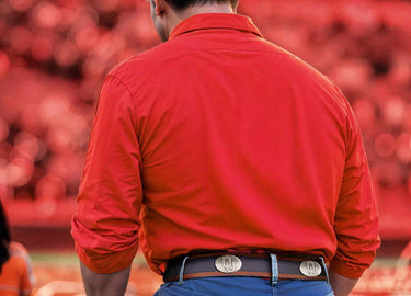 Oklahoma Sooners Men's Collegiate Two Tone Leather Belt. Black With Brown Trim Full Grain Finish. Metal Emblem Conchos. Sooners Gift