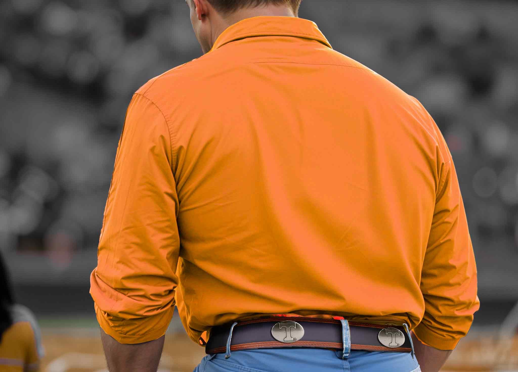 Tennessee Vols Men's Collegiate Two Tone Leather Belt. Black With Brown Trim Full Grain Finish. Metal Emblem Conchos. UT Vols Gift