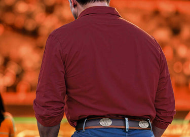 Virginia Tech Hokies Men's Collegiate Two Tone Leather Belt. Black With Brown Trim Full Grain Finish. Metal Emblem Conchos. Hokies Gift
