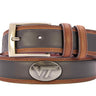 Virginia Tech Hokies Men's Collegiate Two Tone Leather Belt. Black With Brown Trim Full Grain Finish. Metal Emblem Conchos. Hokies Gift