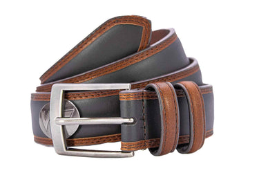 Virginia Tech Hokies Men's Collegiate Two Tone Leather Belt. Black With Brown Trim Full Grain Finish. Metal Emblem Conchos. Hokies Gift