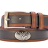 West Virginia Mountaineers Men's Collegiate Two Tone Leather Belt. Black With Brown Trim Full Grain Finish. Metal Emblem Conchos. WVU Gifts