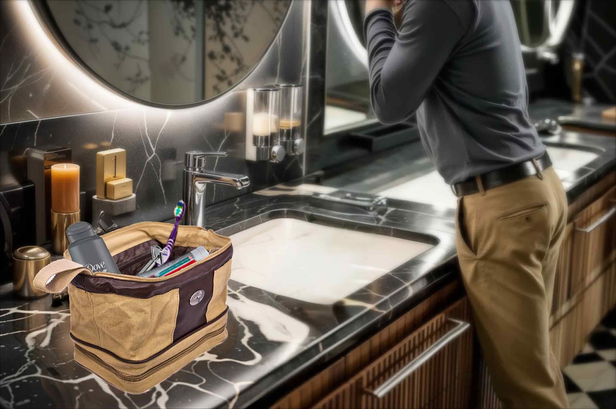 Oklahoma State Cowboys Men's Canvas Toiletry Bag. Durable Water Resistant Bag. Spacious Travel Design. Waxed Canvas Khaki Body. OSU Gifts