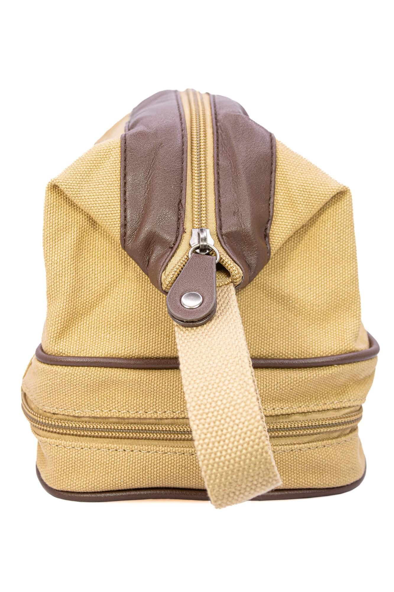 Texas Longhorns Men's Canvas Toiletry Bag. Durable Water Resistant Bag. Spacious Travel Design. Waxed Canvas Khaki Body. Texas Gifts