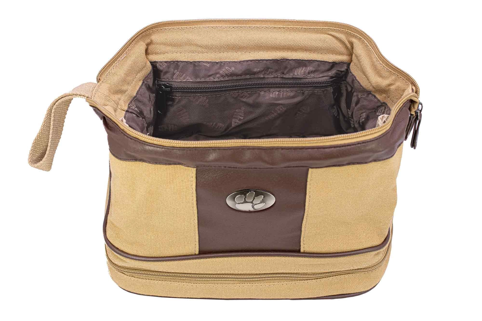 Clemson Tigers Men's Canvas Toiletry Bag. Durable Water Resistant Bag. Spacious Travel Design. Waxed Canvas Khaki Body. Clemson Gifts