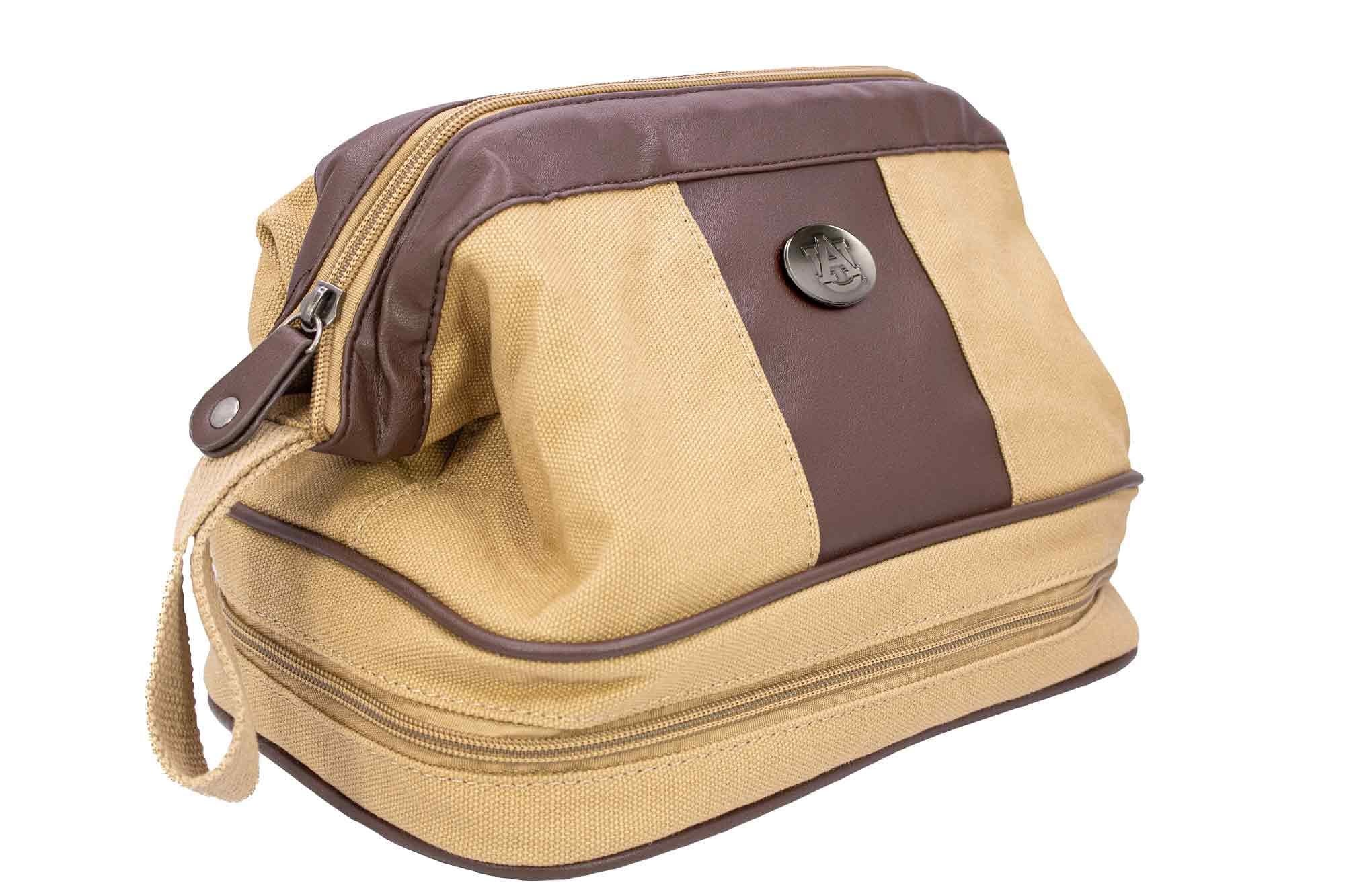 Auburn Tigers Men's Canvas Toiletry Bag. Durable Water Resistant Bag. Spacious Travel Design. Waxed Canvas Khaki Body. Auburn Gifts