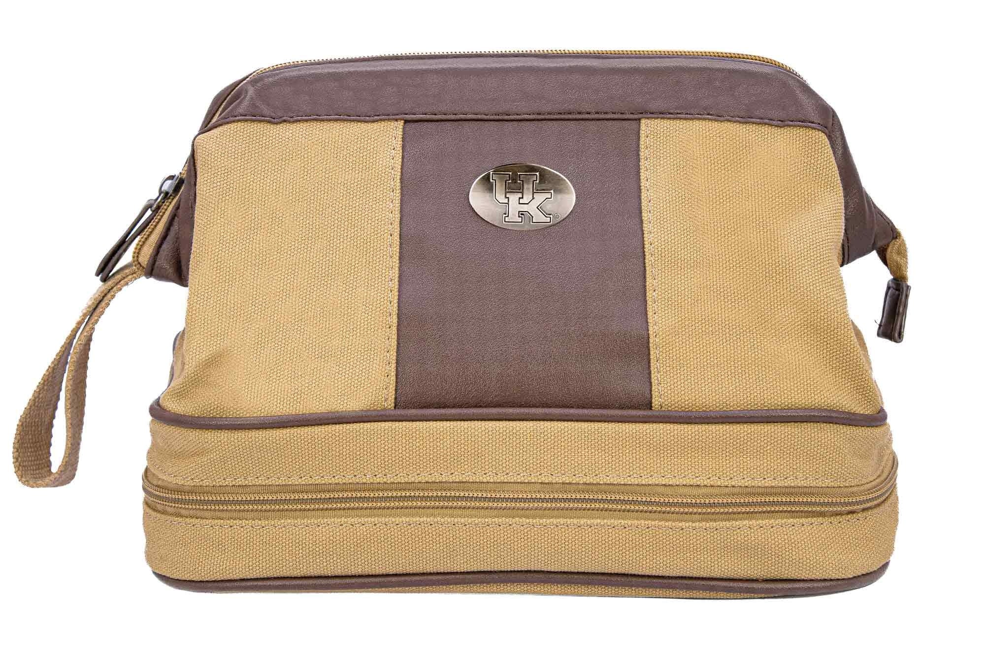 Kentucky Wildcats Men's Canvas Toiletry Bag. Durable Water Resistant Bag. Spacious Travel Design. Waxed Canvas Khaki Body. Kentucky Gifts