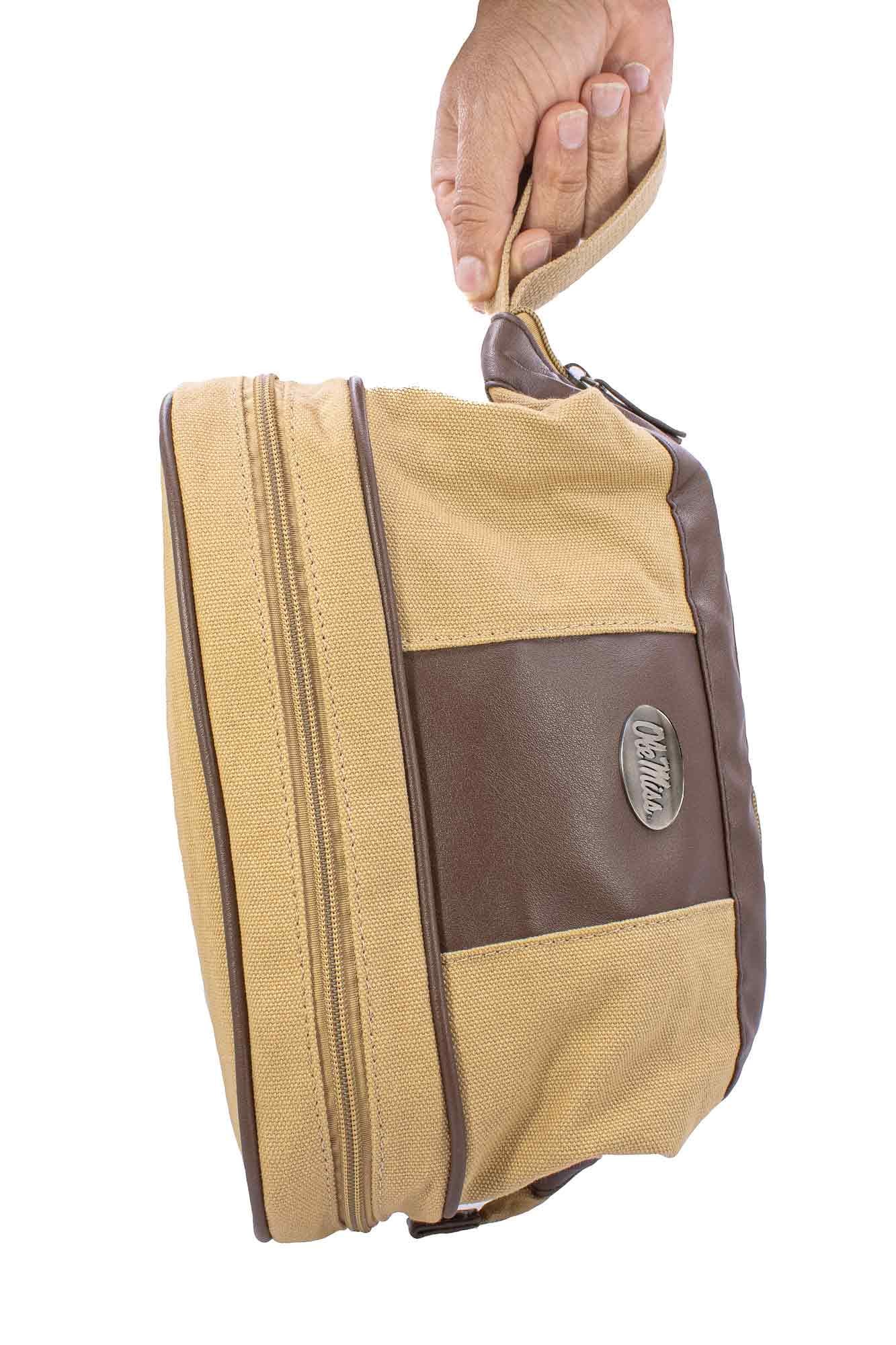 Ole Miss Rebels Men's Canvas Toiletry Bag. Durable Water Resistant Bag. Spacious Travel Design. Waxed Canvas Khaki Body. Ole Miss Gifts