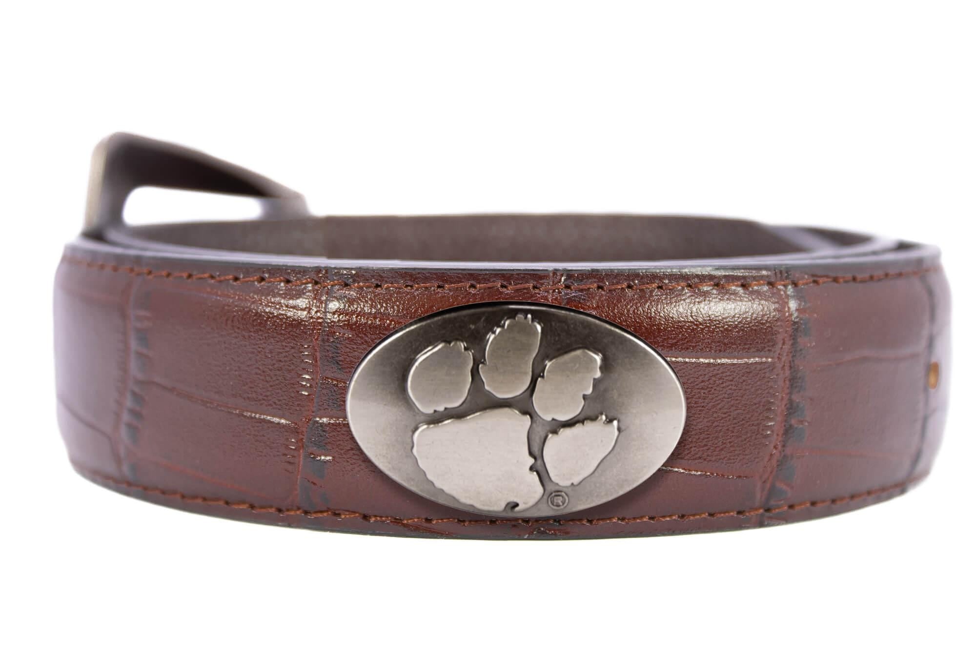Clemson Tigers Men's Collegiate Leather Belt. Clemson Gift. Tigers Merch . Brown Croc Pattern Full Grain Finish With Metal Emblem Conchos.