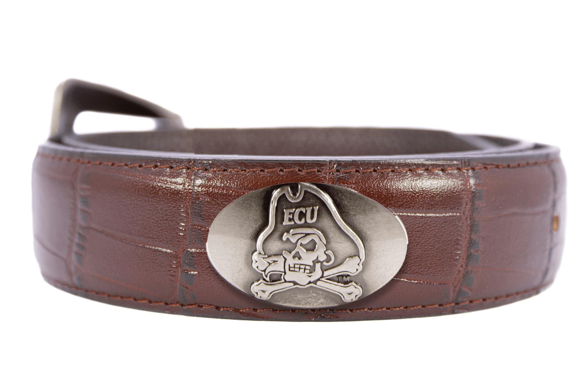 ECU Pirates Men's Collegiate Leather Belt. ECU Gift. Pirates Merch . Brown Croc Pattern Full Grain Finish With Metal Emblem Conchos.