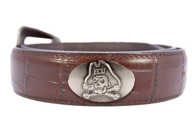 ECU Pirates Men's Collegiate Leather Belt. ECU Gift. Pirates Merch . Brown Croc Pattern Full Grain Finish With Metal Emblem Conchos.