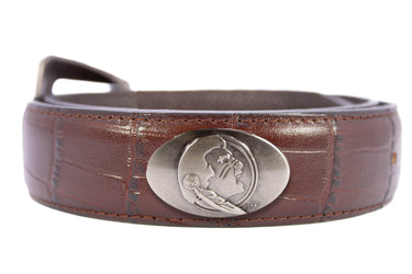 FSU Seminoles Men's Collegiate Leather Belt. Noles Gift. FSU Merch . Brown Croc Pattern Full Grain Finish With Metal Emblem Conchos.
