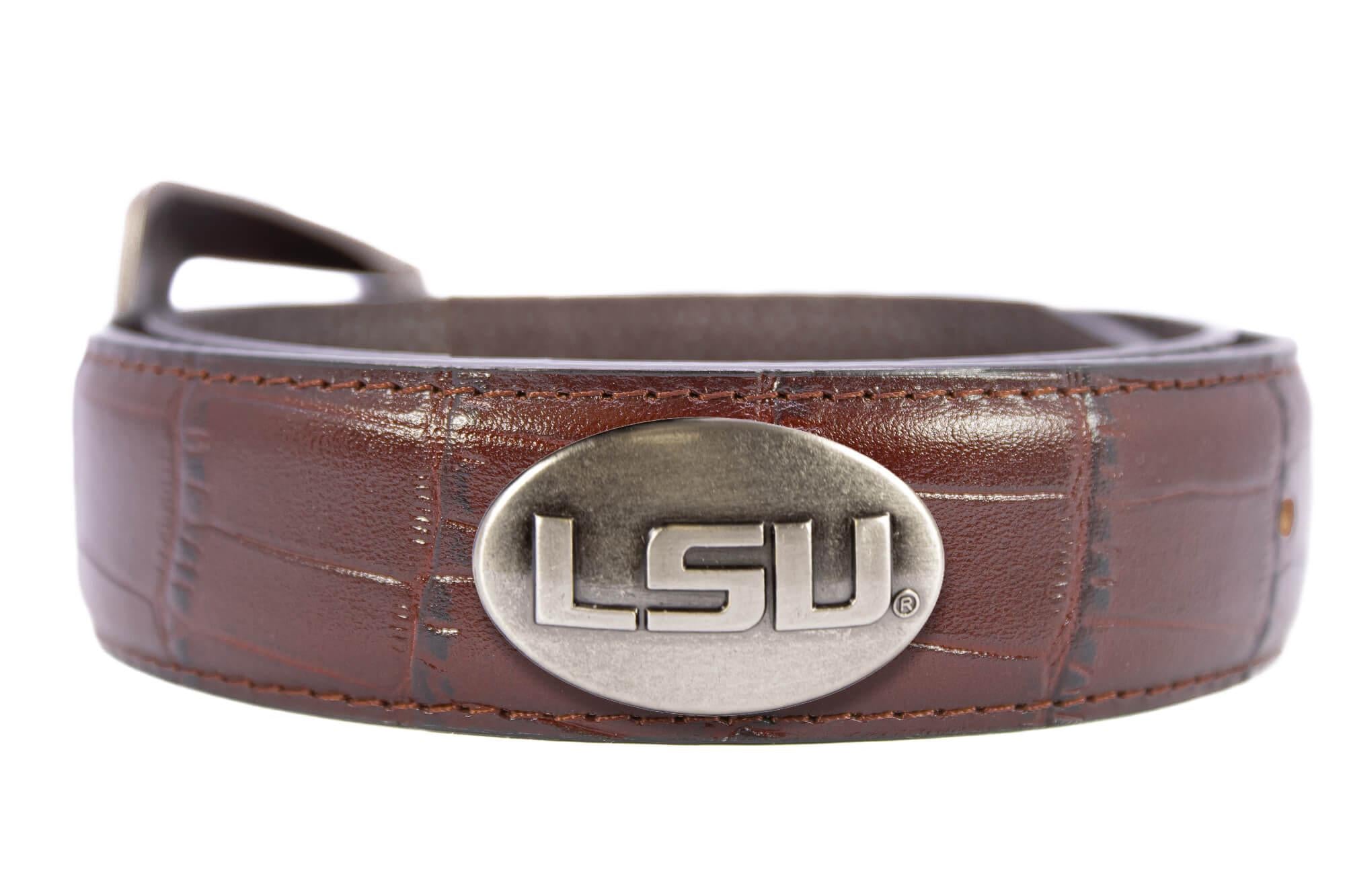 LSU Tigers Men's Collegiate Leather Belt. LSU Gift. Tigers Merch . Brown Croc Pattern Full Grain Finish With Metal Emblem Conchos.