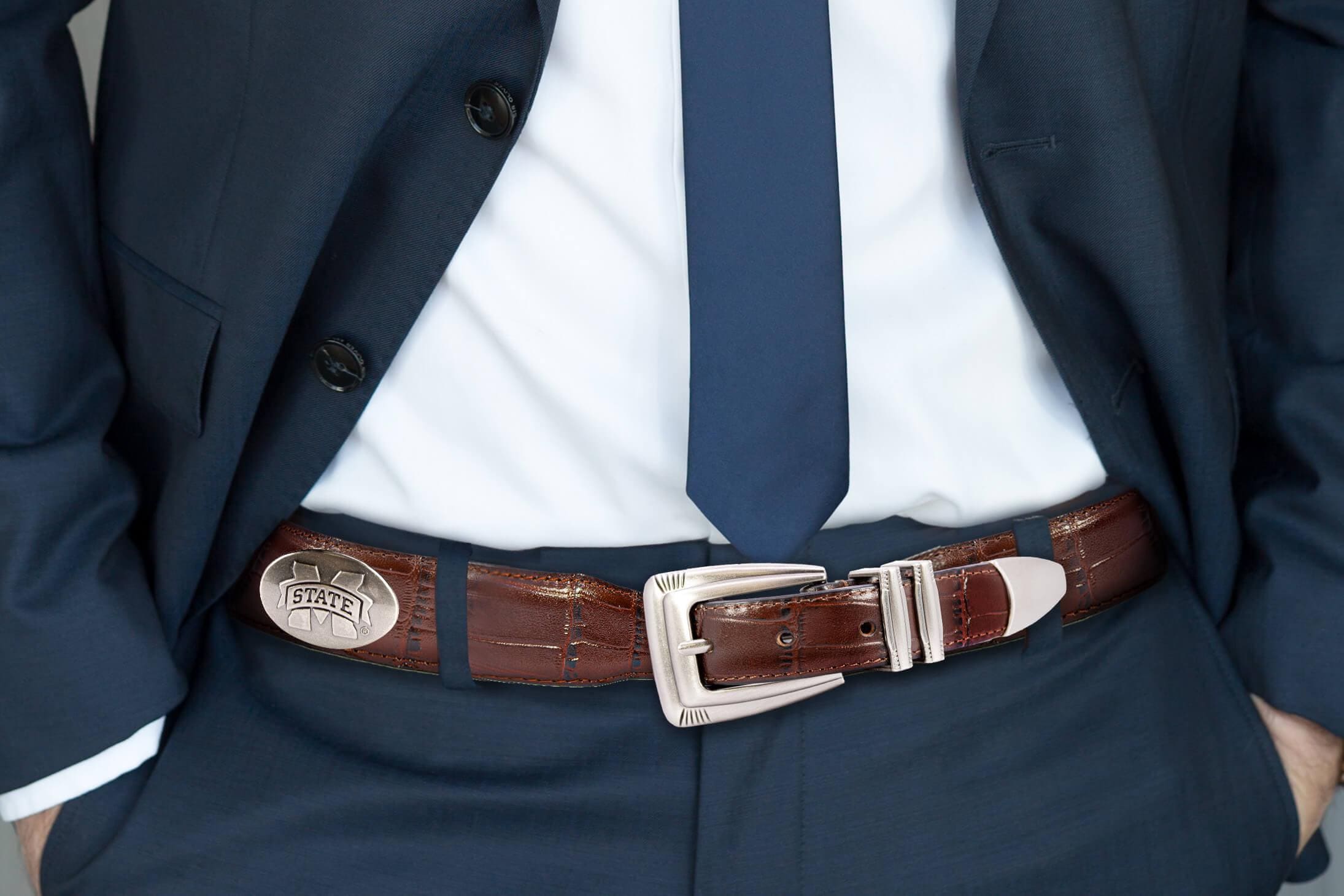 Mississippi State Bulldogs Men's Collegiate Leather Belt. MSU Gift Merch . Brown Croc Pattern Full Grain Finish With Metal Emblem Conchos.