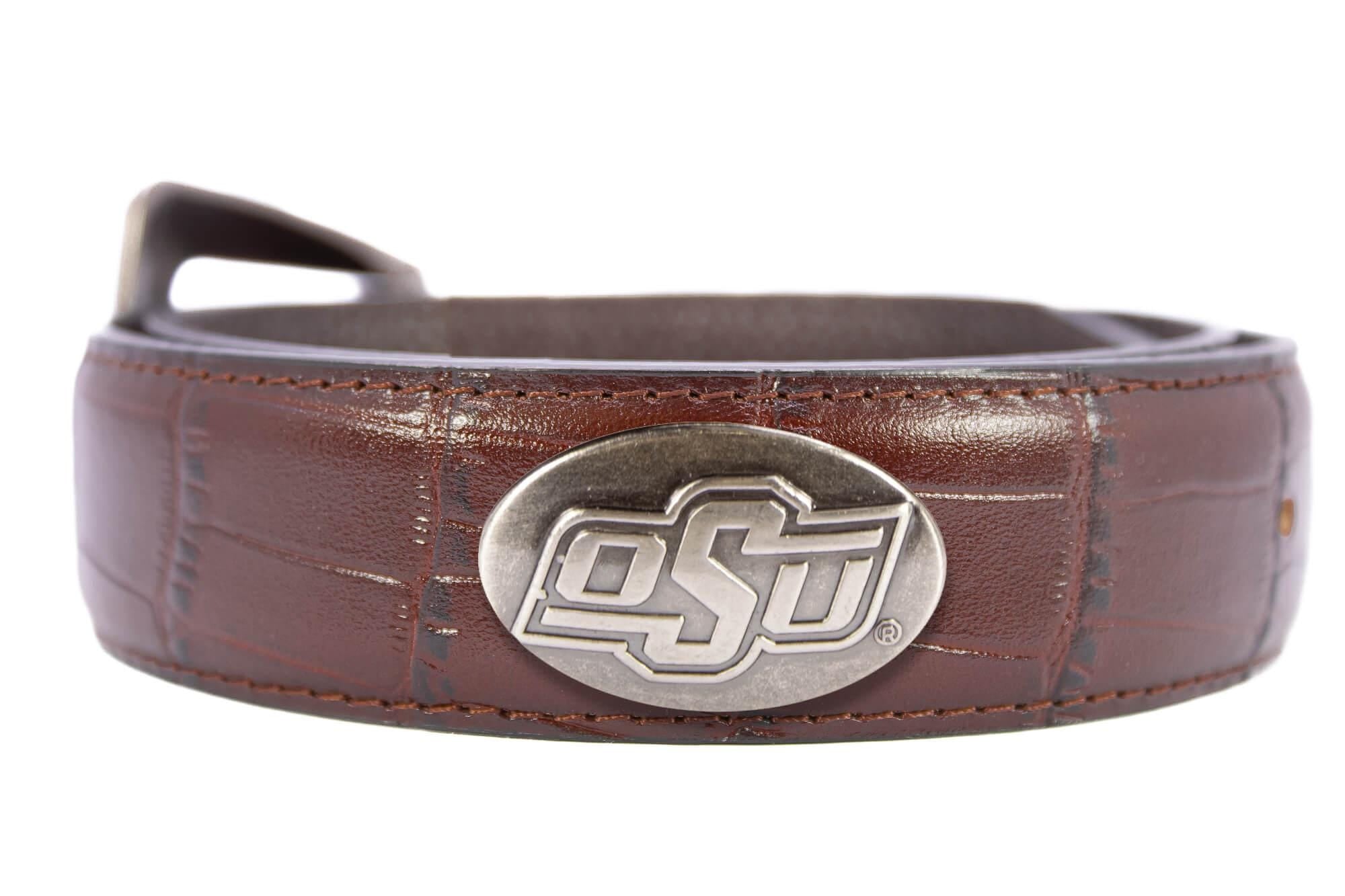 Oklahoma State Cowboys Men's Collegiate Leather Belt. OSU Gift. Cowboys Merch. Brown Croc Pattern Full Grain Finish With Metal Emblem