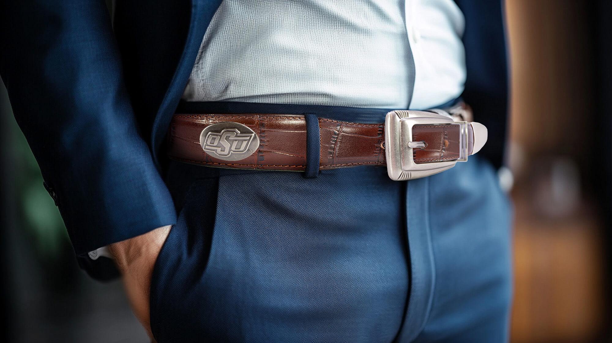 Oklahoma State Cowboys Men's Collegiate Leather Belt. OSU Gift. Cowboys Merch. Brown Croc Pattern Full Grain Finish With Metal Emblem