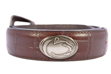 Penn State Nittany Lions Men's Collegiate Leather Belt. PSU Gift Merch . Brown Croc Pattern Full Grain Finish With Metal Emblem Conchos.