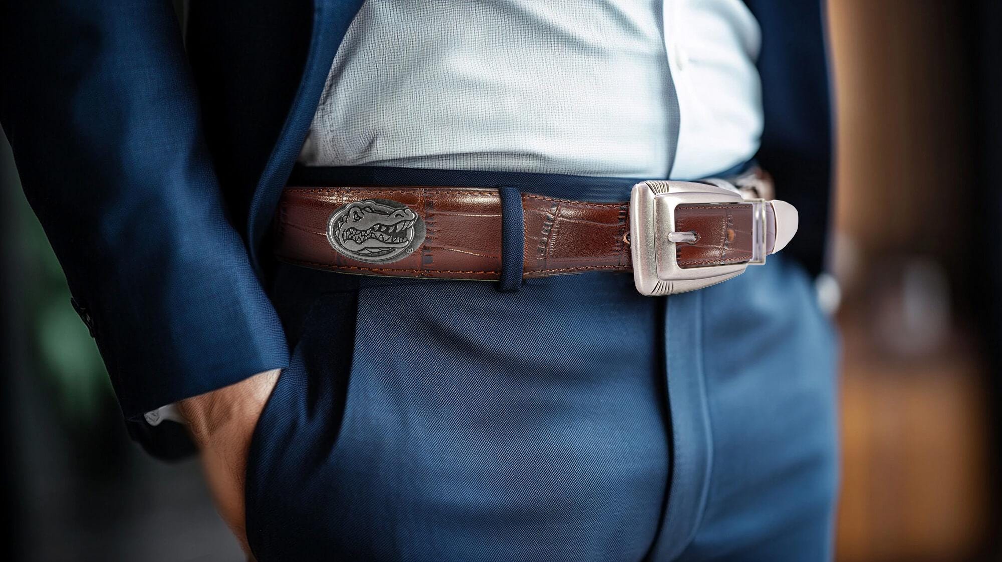 Florida Gators Men's Collegiate Leather Belt. Gators Gift. Florida Merch . Brown Croc Pattern Full Grain Finish With Metal Emblem Conchos.