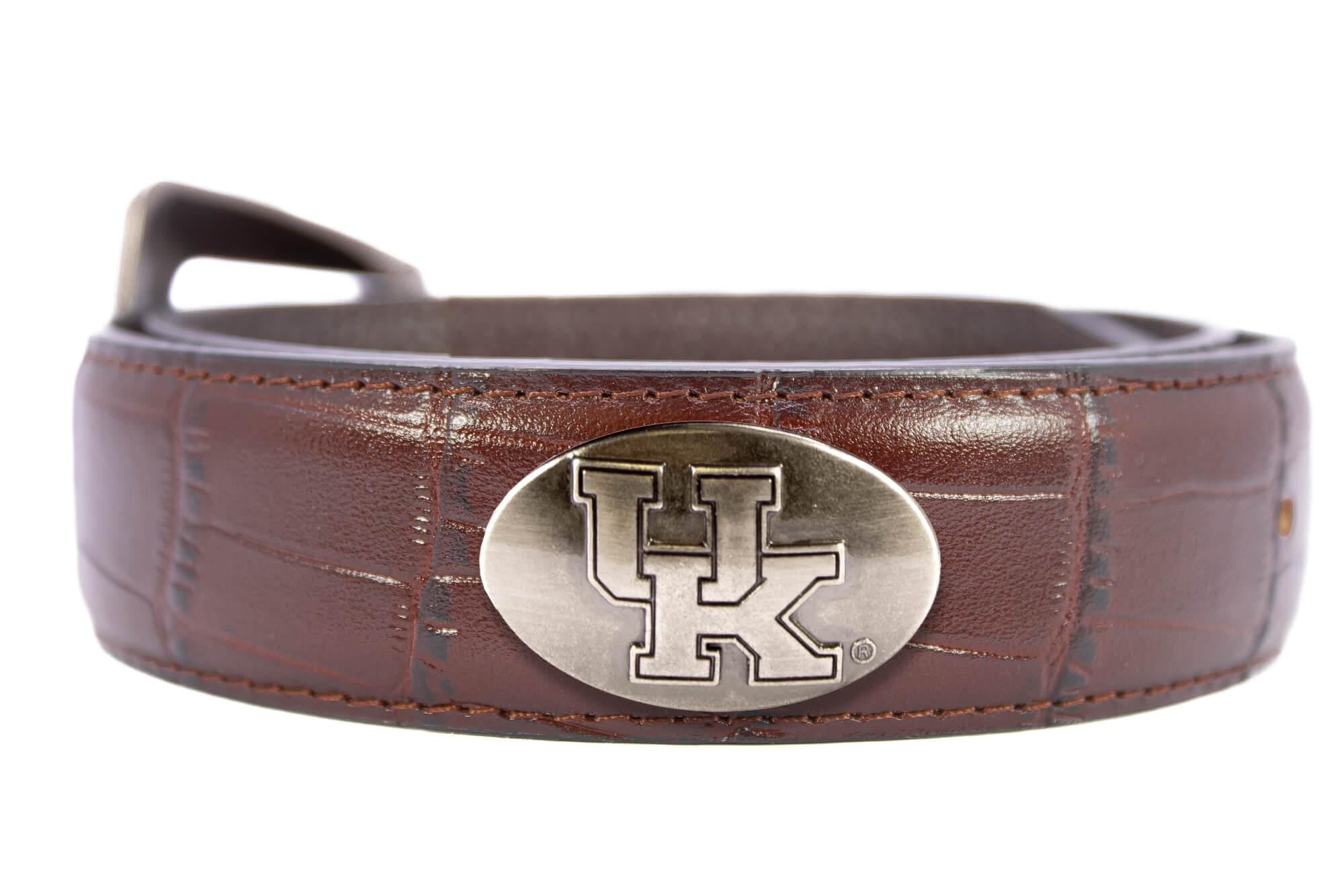 Kentucky Wildcats Men's Collegiate Leather Belt. Kentucky Gift. UK Merch. Brown Croc Pattern Full Grain Finish With Metal Emblem Conchos.