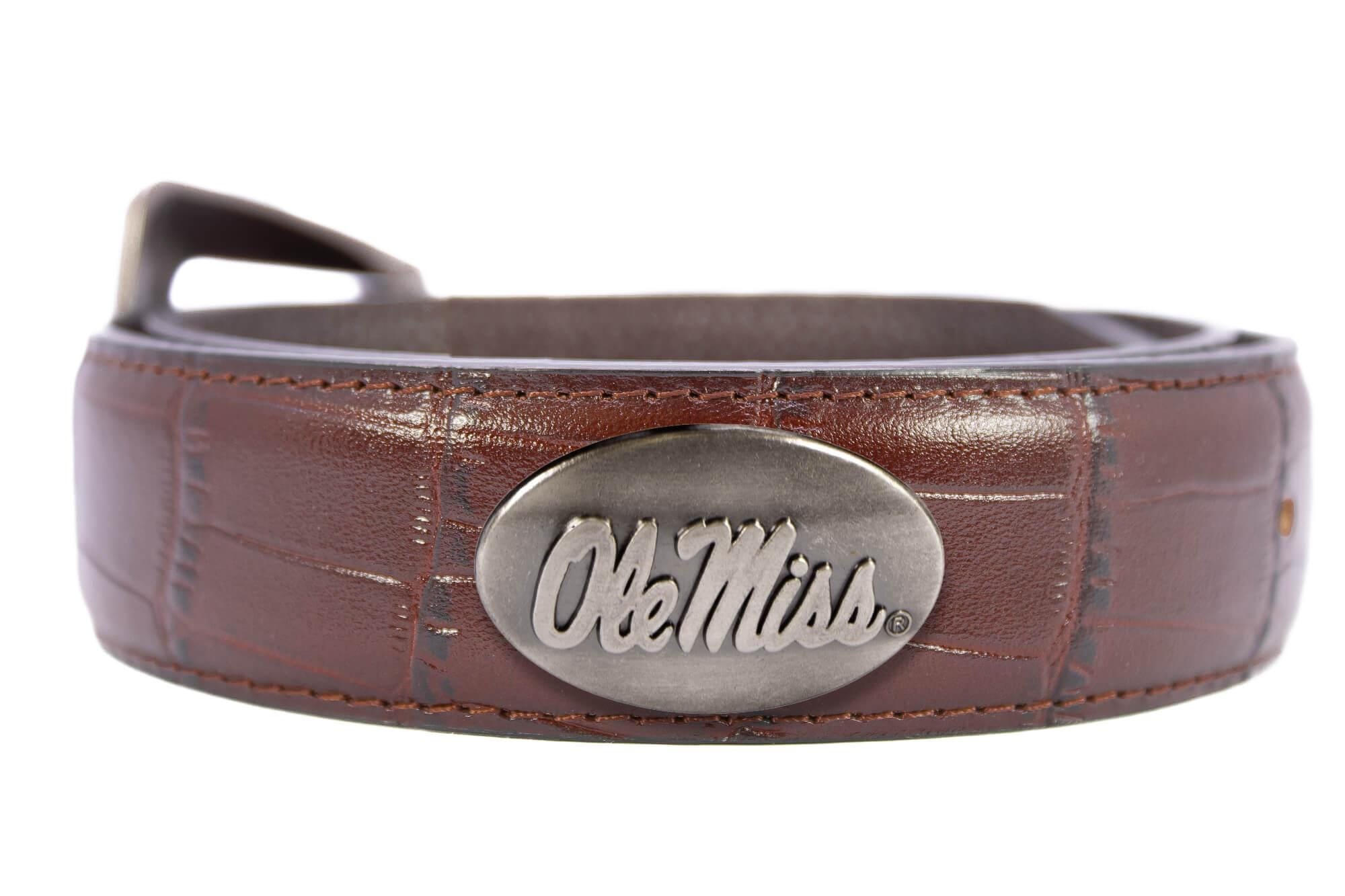 Ole Miss Rebels Men's Collegiate Leather Belt. Ole Miss Gift. SIP Merch . Brown Croc Pattern Full Grain Finish With Metal Emblem Conchos.