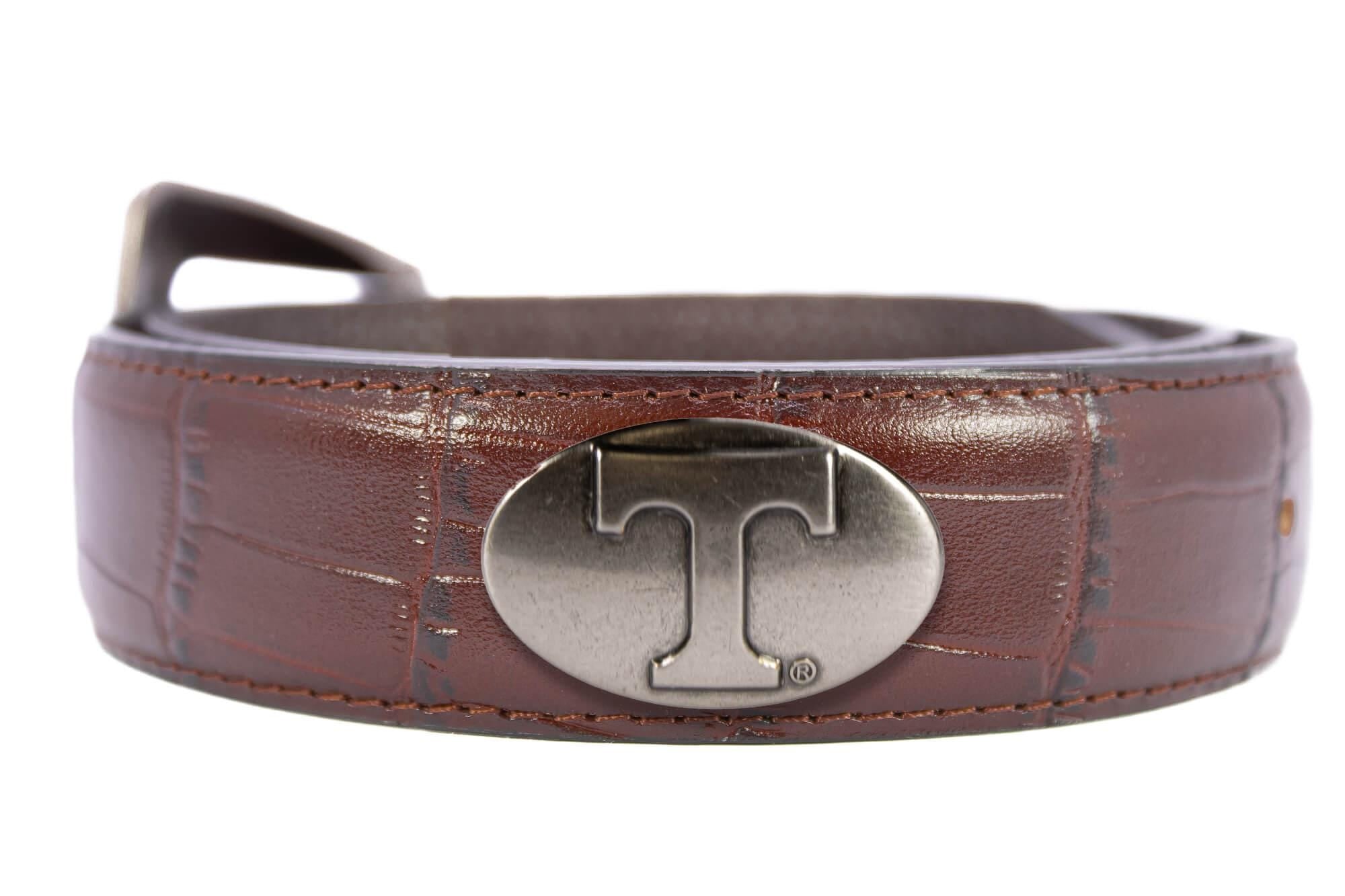 Tennessee Vols Men's Collegiate Leather Belt. Vols Gift. UT Vols Merch . Brown Croc Pattern Full Grain Finish With Metal Emblem Conchos.