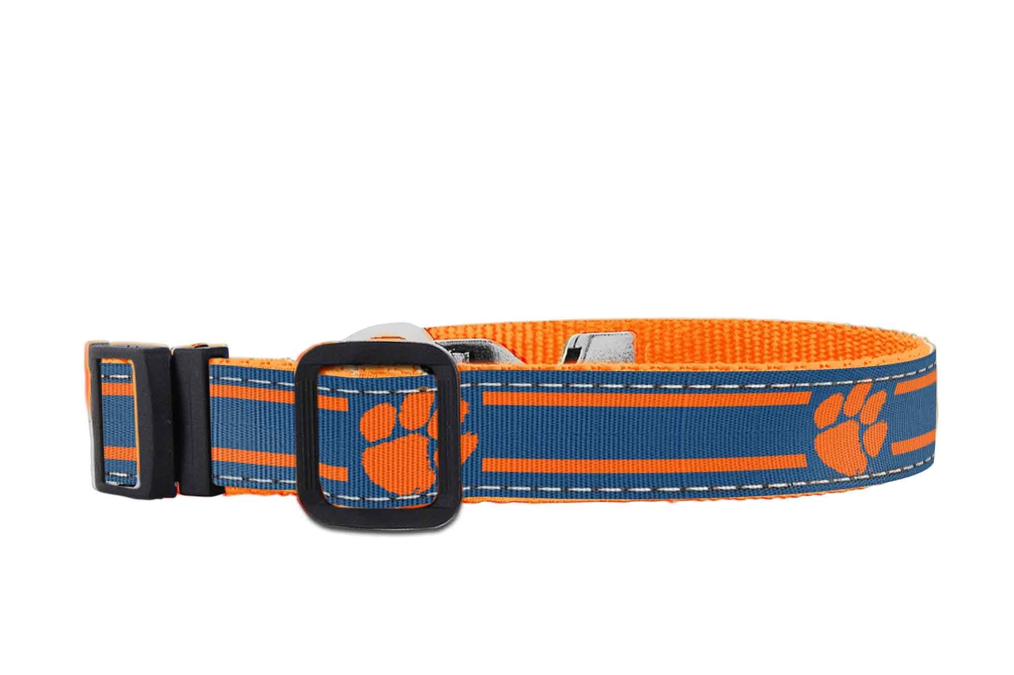 Clemson Tigers Collegiate Woven Ribbon Dog Collar. Pet Lead. Adjustable Nylon Webbing. Snap Buckle and D-ring. Swivel Bolt Snap.