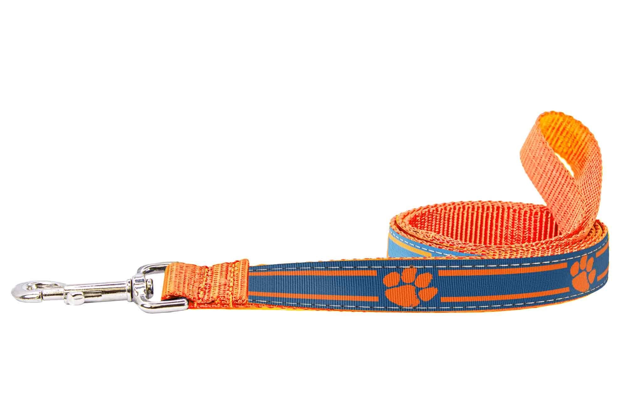 Clemson Tigers Collegiate Woven Ribbon Dog Collar. Pet Lead. Adjustable Nylon Webbing. Snap Buckle and D-ring. Swivel Bolt Snap.