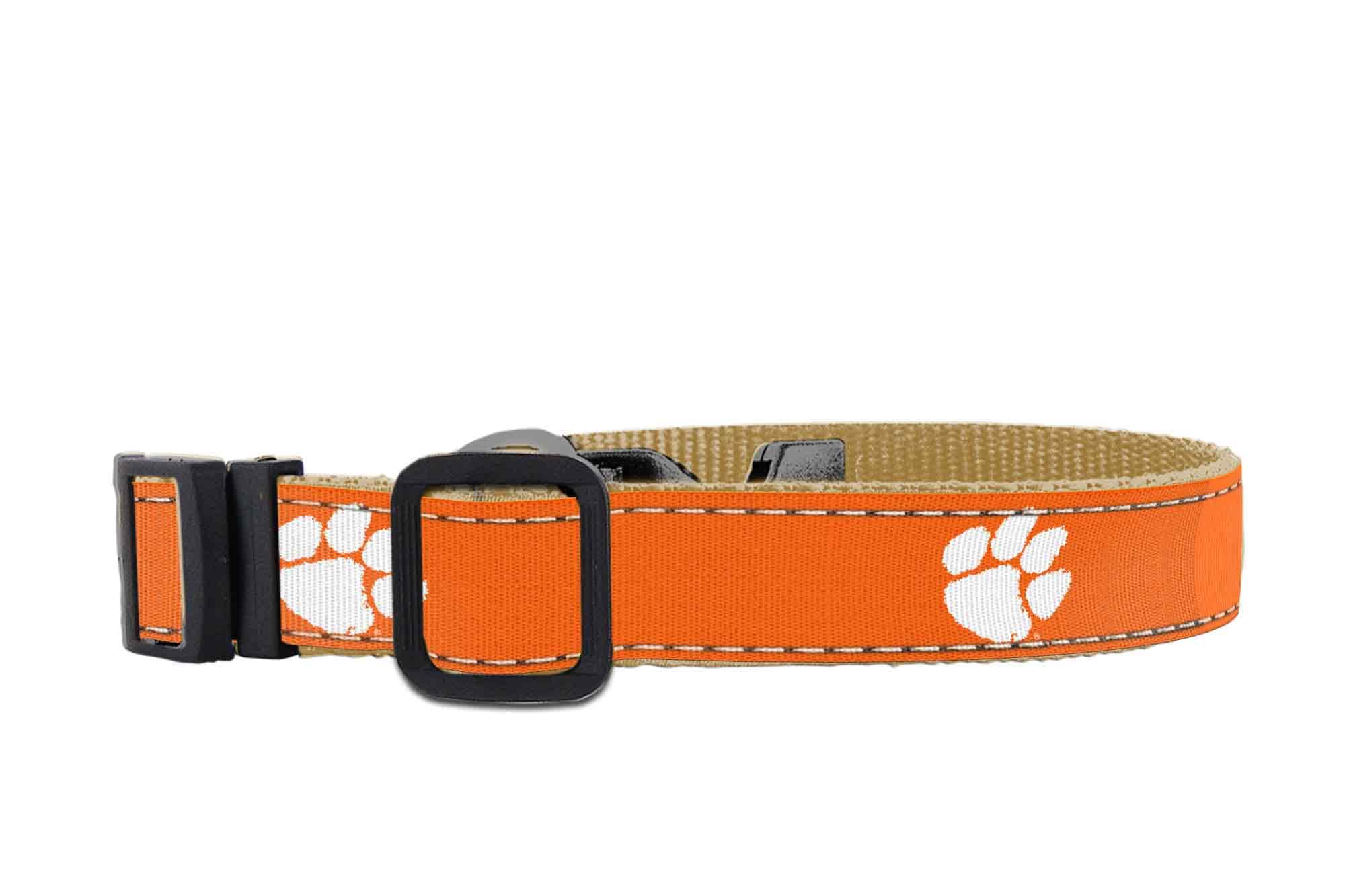 Clemson Tigers Collegiate Woven Ribbon Dog Collar. Pet Lead. Adjustable Nylon Webbing. Snap Buckle and D-ring. Swivel Bolt Snap.