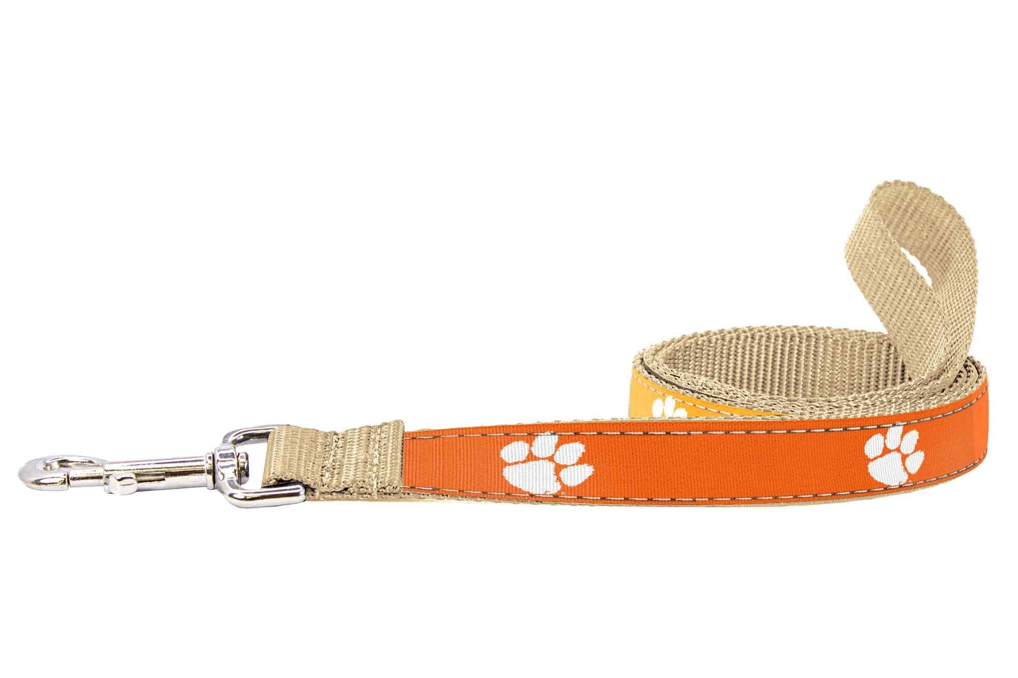 Clemson Tigers Collegiate Woven Ribbon Dog Collar. Pet Lead. Adjustable Nylon Webbing. Snap Buckle and D-ring. Swivel Bolt Snap.