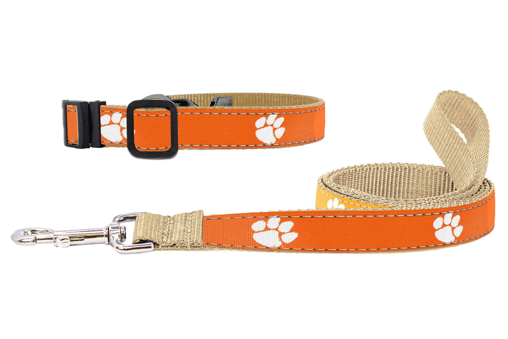 Clemson Tigers Collegiate Woven Ribbon Dog Collar. Pet Lead. Adjustable Nylon Webbing. Snap Buckle and D-ring. Swivel Bolt Snap.