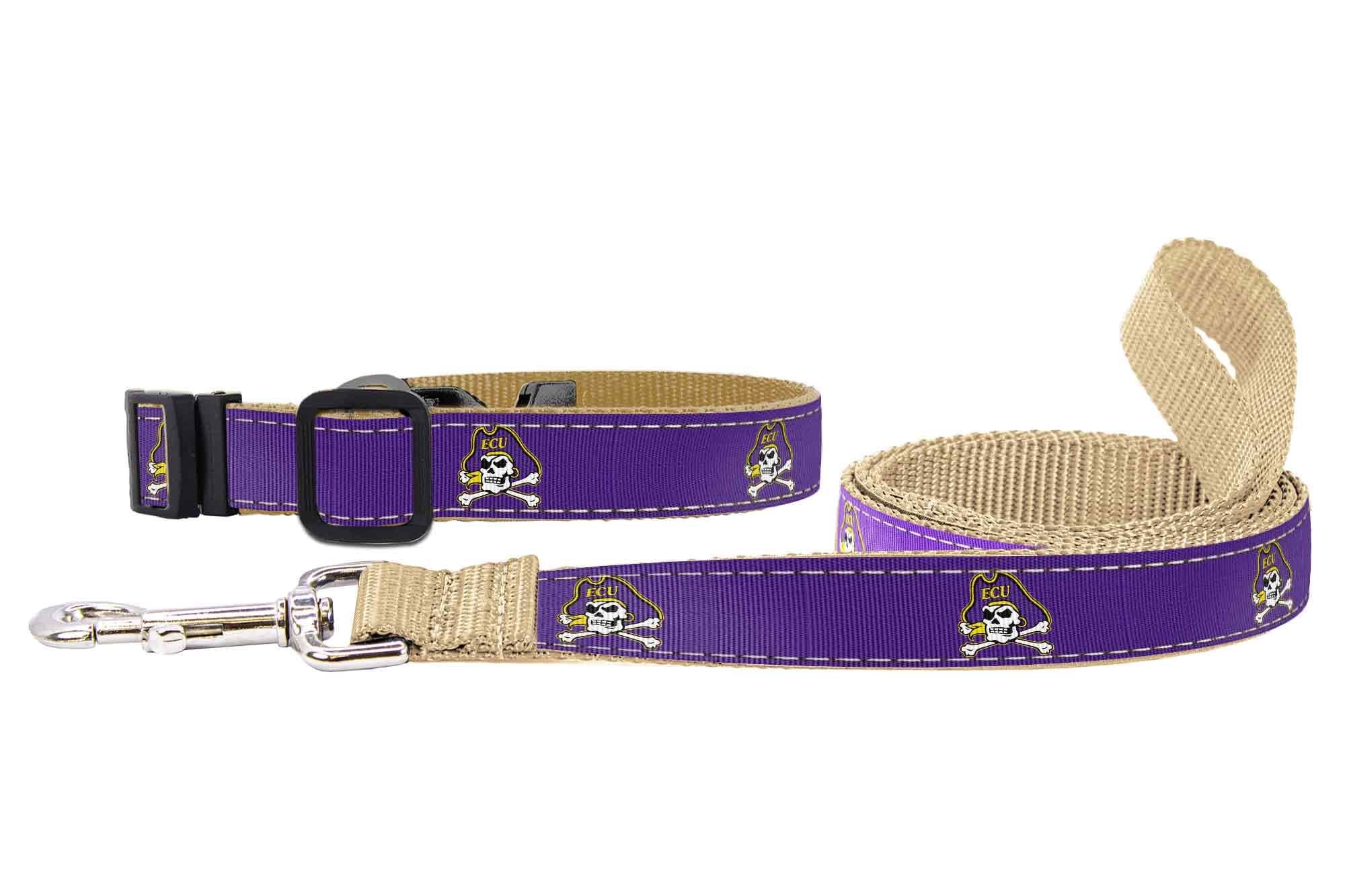 ECU Pirates Collegiate Woven Ribbon Dog Collar. Pet Lead. Adjustable Nylon Webbing. Snap Buckle and D-ring. Swivel Bolt Snap.
