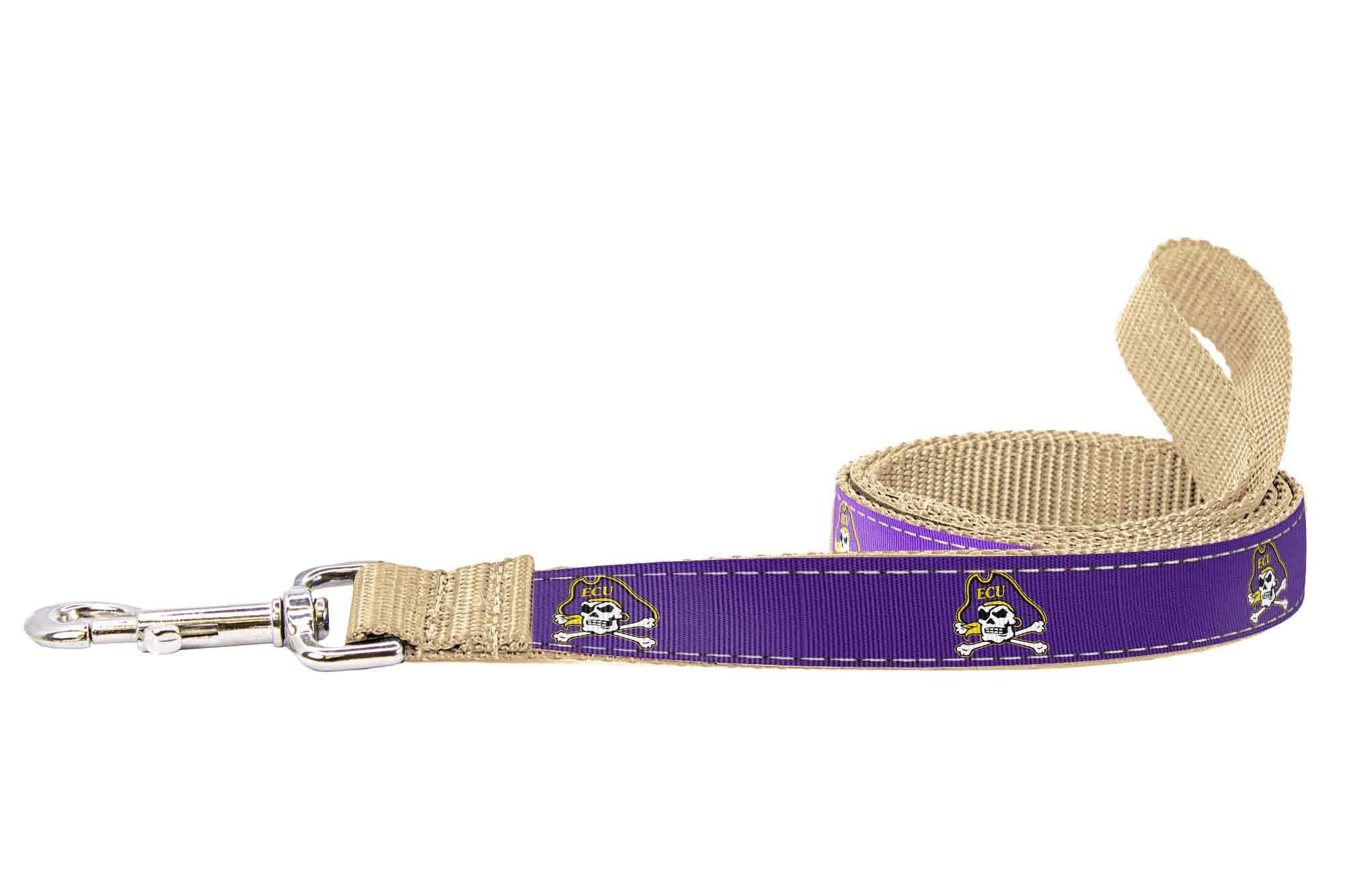 ECU Pirates Collegiate Woven Ribbon Dog Collar. Pet Lead. Adjustable Nylon Webbing. Snap Buckle and D-ring. Swivel Bolt Snap.