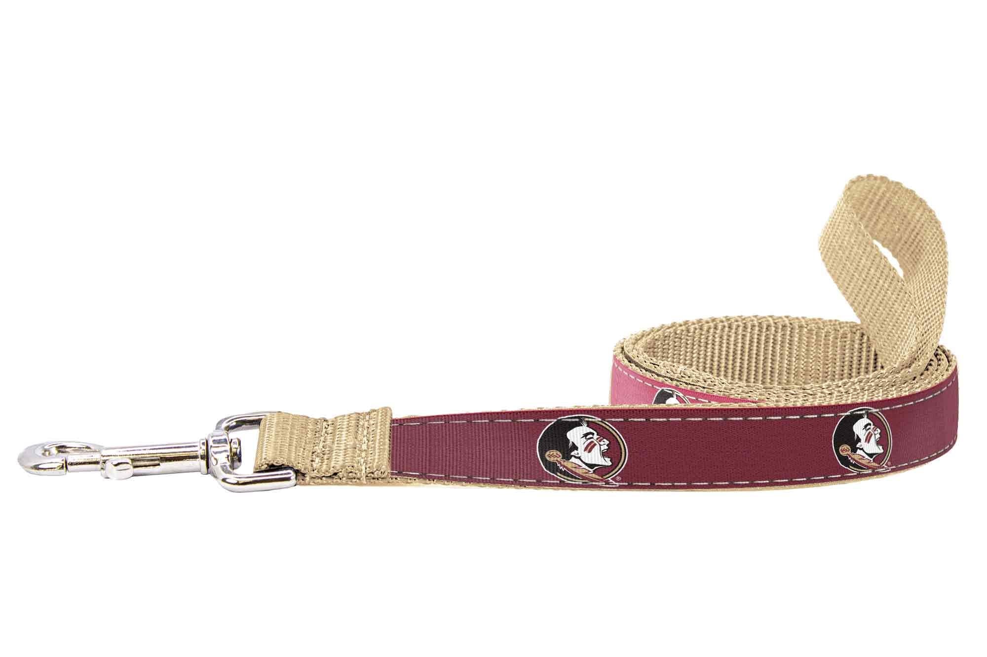 FSU Seminoles Collegiate Woven Ribbon Dog Collar. Pet Lead. Adjustable Nylon Webbing. Snap Buckle and D-ring. Swivel Bolt Snap.