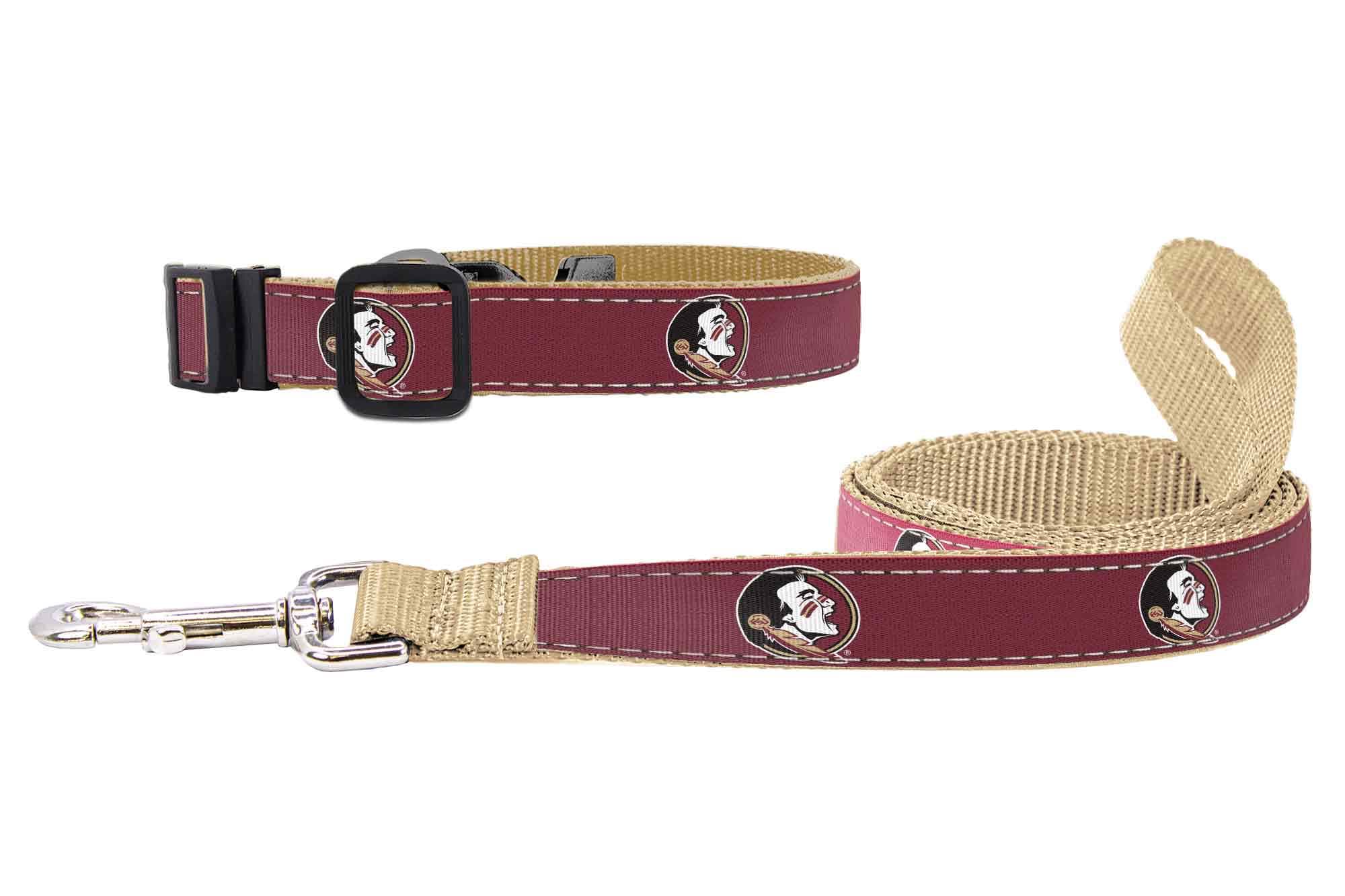 FSU Seminoles Collegiate Woven Ribbon Dog Collar. Pet Lead. Adjustable Nylon Webbing. Snap Buckle and D-ring. Swivel Bolt Snap.