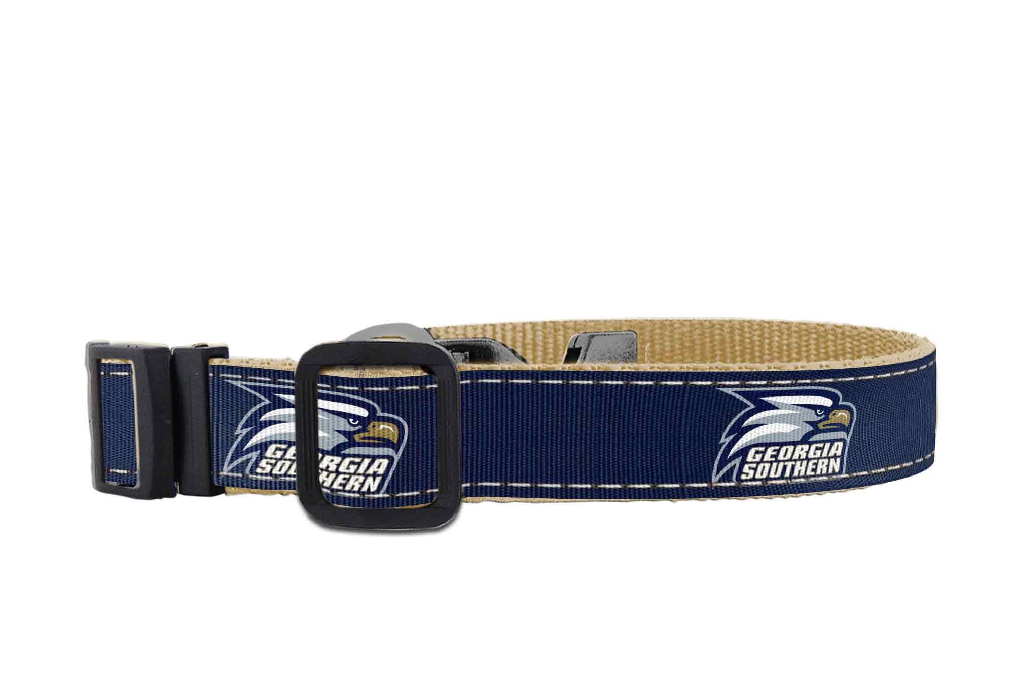 Georgia Southern Eagles Collegiate Woven Ribbon Dog Collar. Pet Lead. Adjustable Nylon Webbing. Snap Buckle and D-ring. Swivel Bolt Snap.