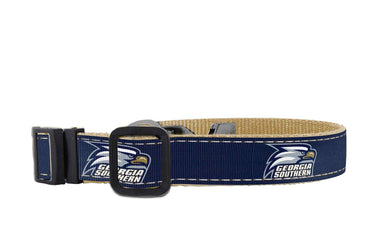 Georgia Southern Eagles Collegiate Woven Ribbon Dog Collar. Pet Lead. Adjustable Nylon Webbing. Snap Buckle and D-ring. Swivel Bolt Snap.