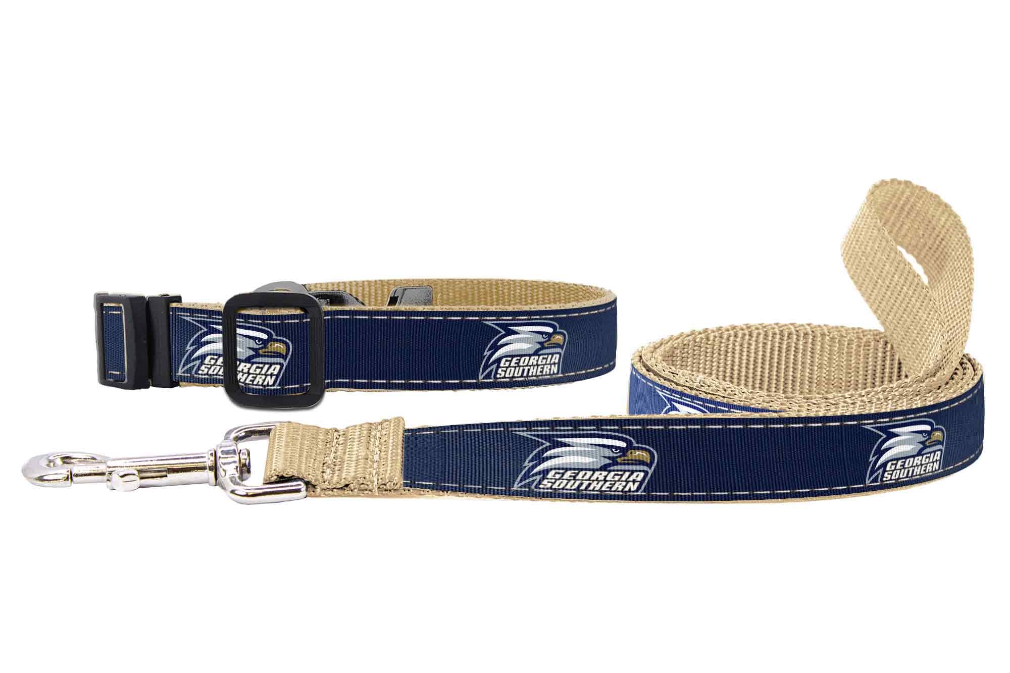 Georgia Southern Eagles Collegiate Woven Ribbon Dog Collar. Pet Lead. Adjustable Nylon Webbing. Snap Buckle and D-ring. Swivel Bolt Snap.