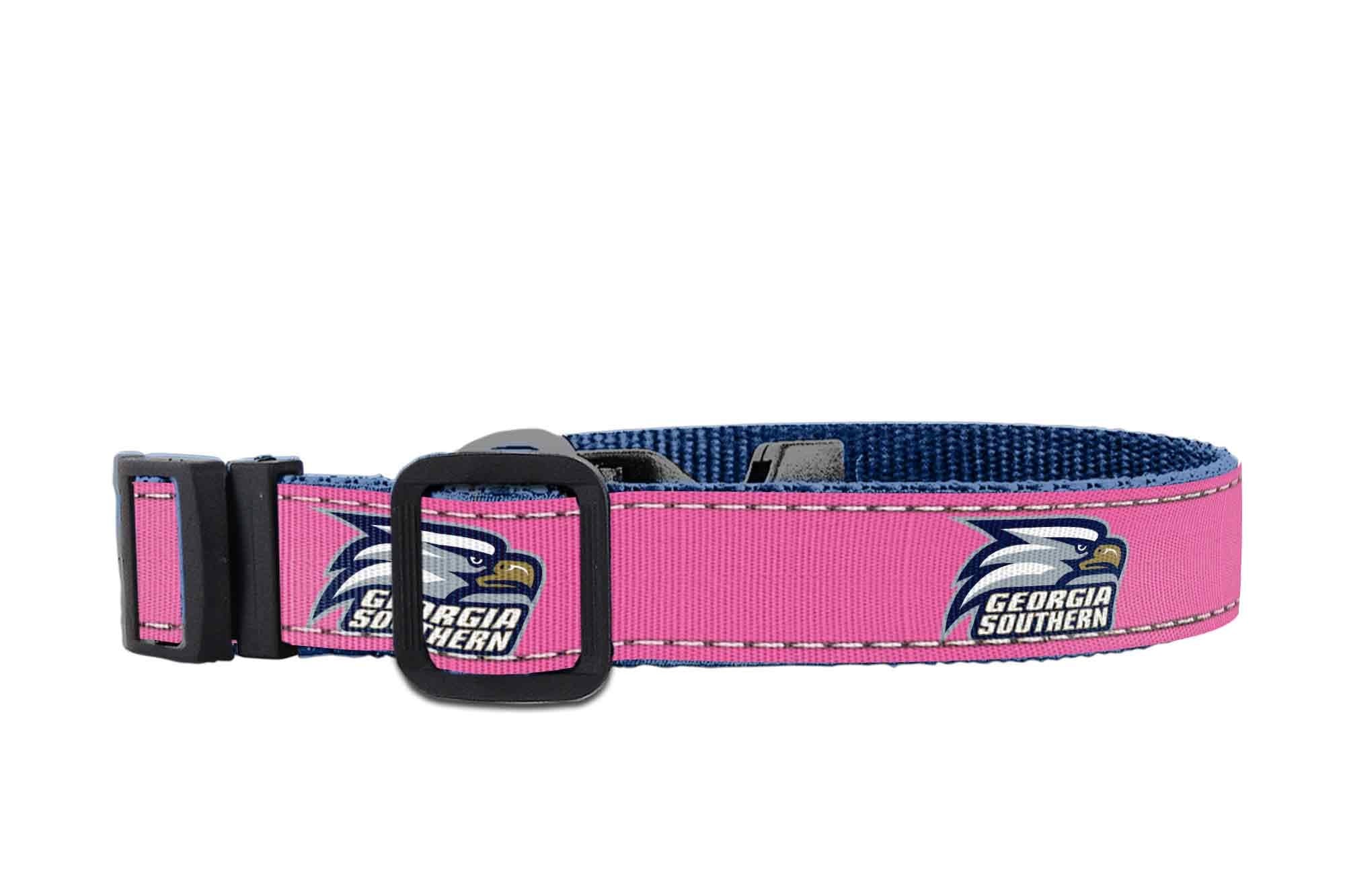 Georgia Southern Eagles Collegiate Woven Ribbon Dog Collar. Pet Lead. Adjustable Nylon Webbing. Snap Buckle and D-ring. Swivel Bolt Snap.