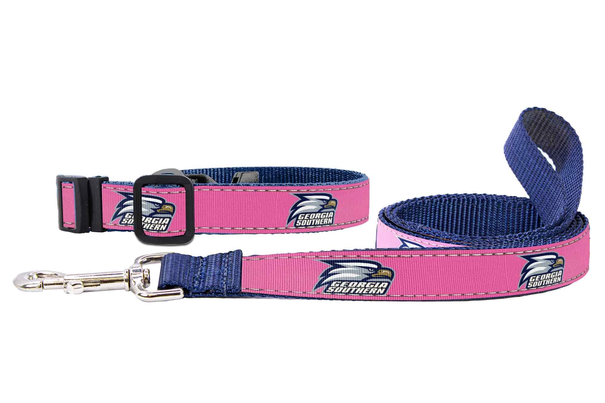 Georgia Southern Eagles Collegiate Woven Ribbon Dog Collar. Pet Lead. Adjustable Nylon Webbing. Snap Buckle and D-ring. Swivel Bolt Snap.