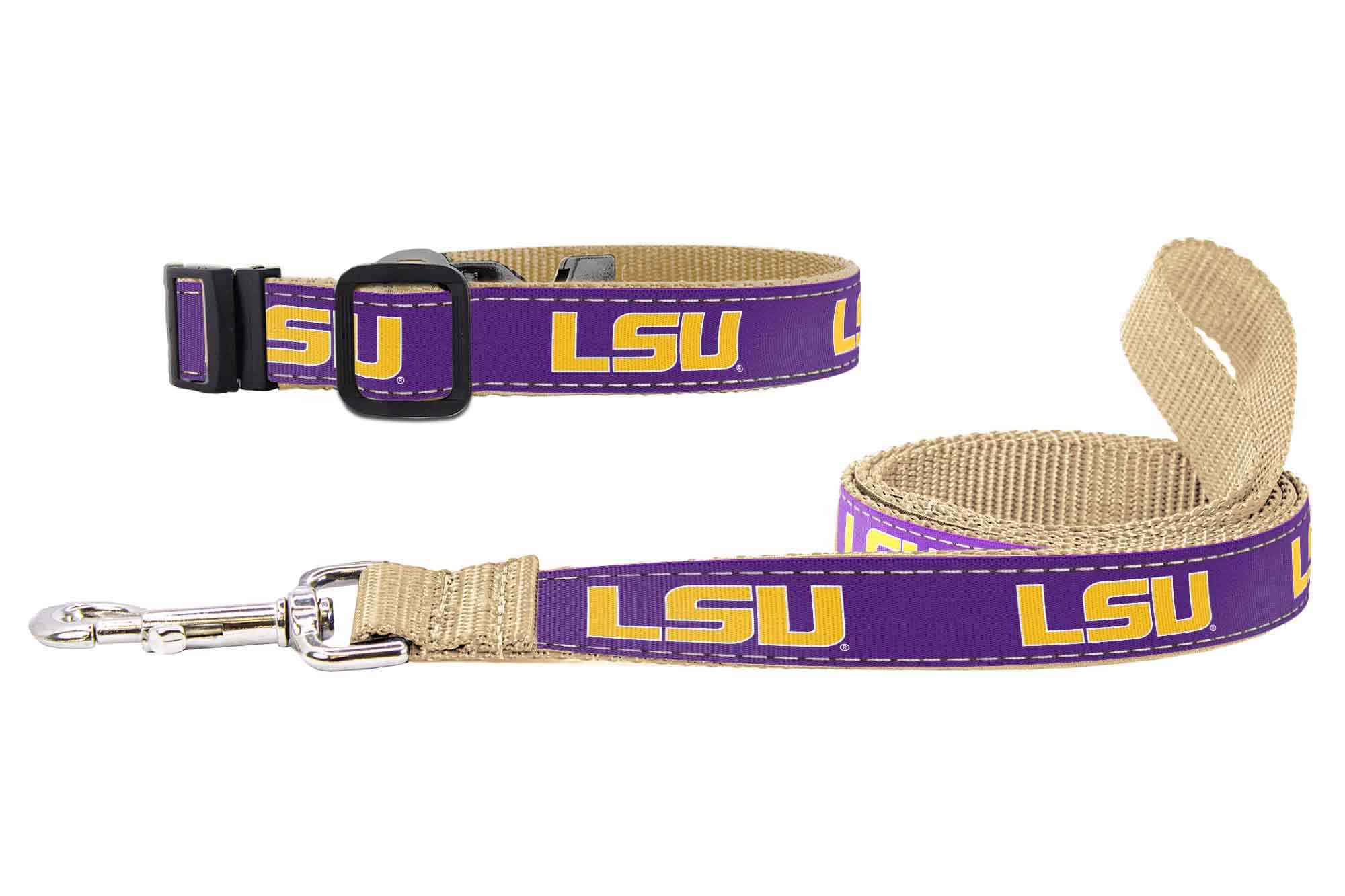 LSU Tigers Collegiate Woven Ribbon Dog Collar. Pet Lead. Adjustable Nylon Webbing. Snap Buckle and D-ring. Swivel Bolt Snap.