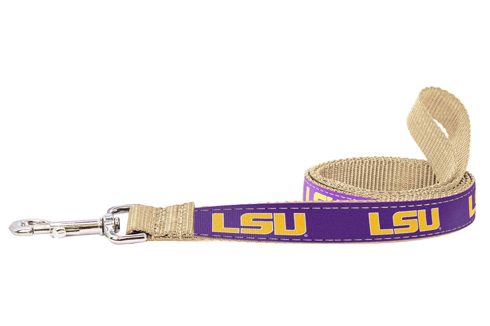 LSU Tigers Collegiate Woven Ribbon Dog Collar. Pet Lead. Adjustable Nylon Webbing. Snap Buckle and D-ring. Swivel Bolt Snap.