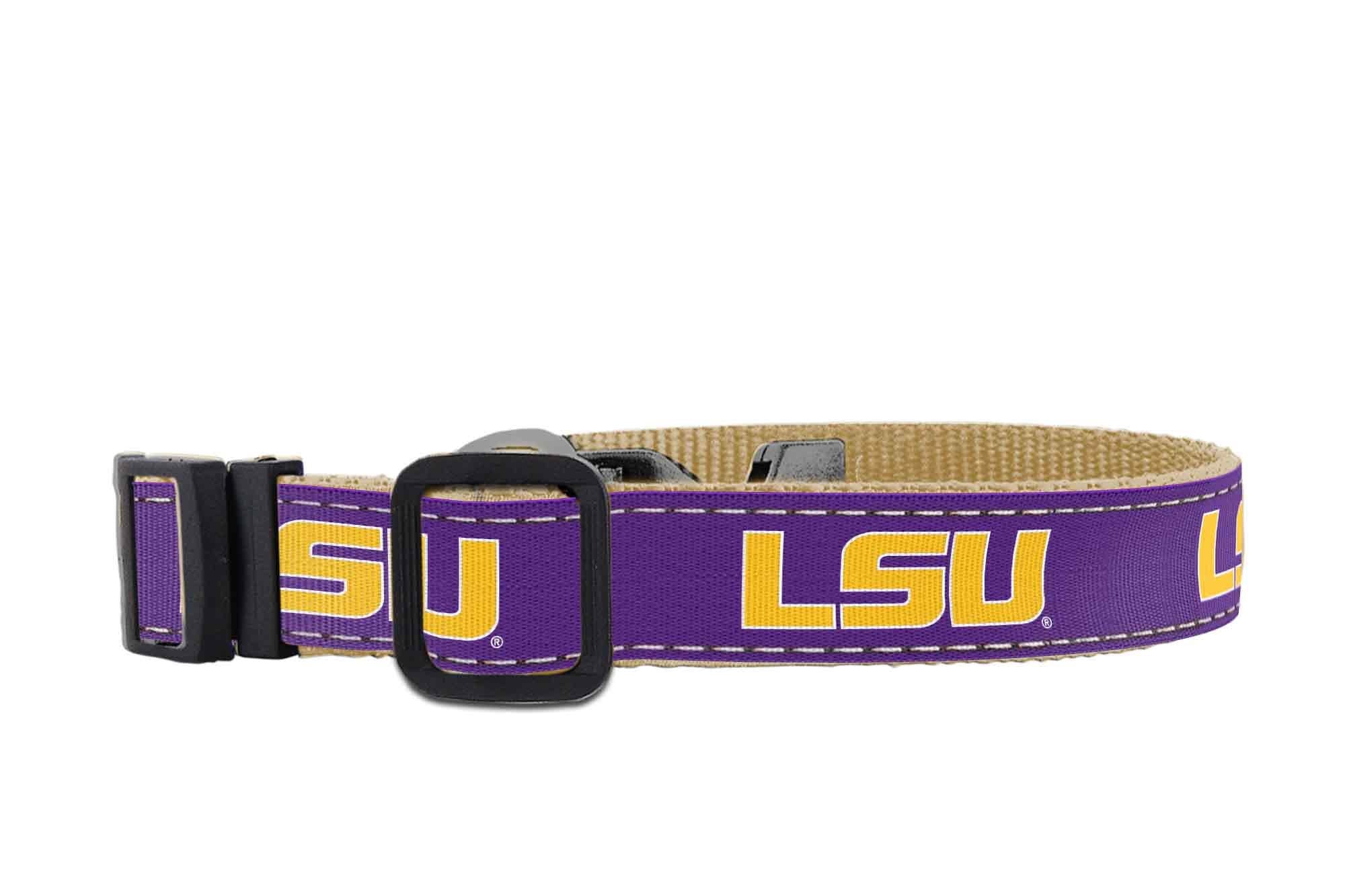 LSU Tigers Collegiate Woven Ribbon Dog Collar. Pet Lead. Adjustable Nylon Webbing. Snap Buckle and D-ring. Swivel Bolt Snap.