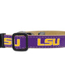 LSU Tigers Collegiate Woven Ribbon Dog Collar. Pet Lead. Adjustable Nylon Webbing. Snap Buckle and D-ring. Swivel Bolt Snap.