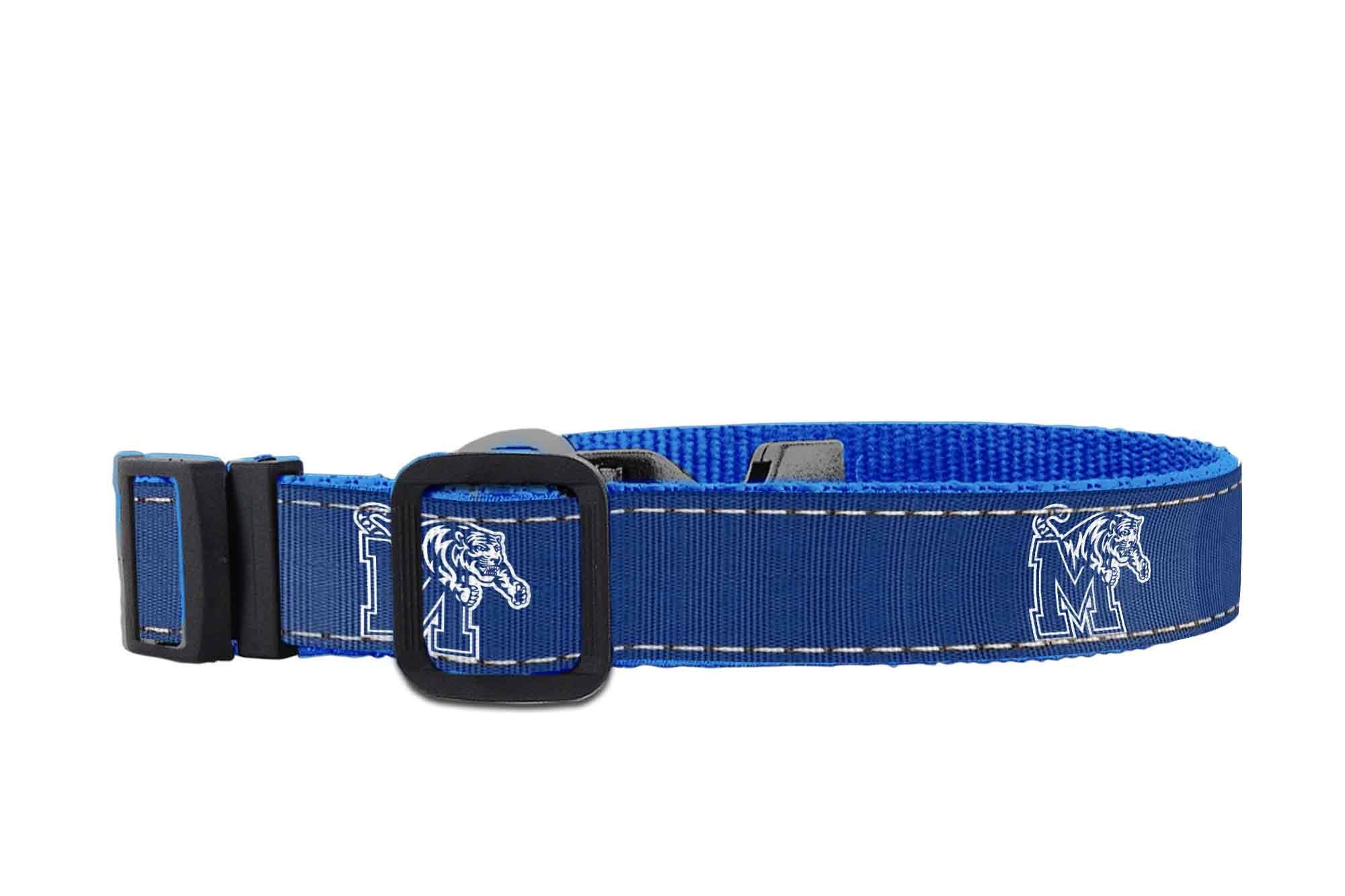 Memphis Tigers Collegiate Woven Ribbon Dog Collar. Pet Lead. Adjustable Nylon Webbing. Snap Buckle and D-ring. Swivel Bolt Snap.